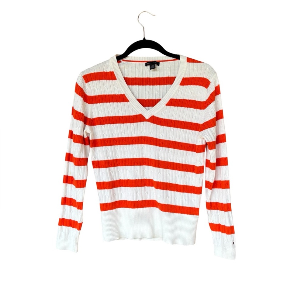 Tommy Hilfiger Orange White Stripe Cable Knit V Neck Sweater Sz L Cotton Coastal